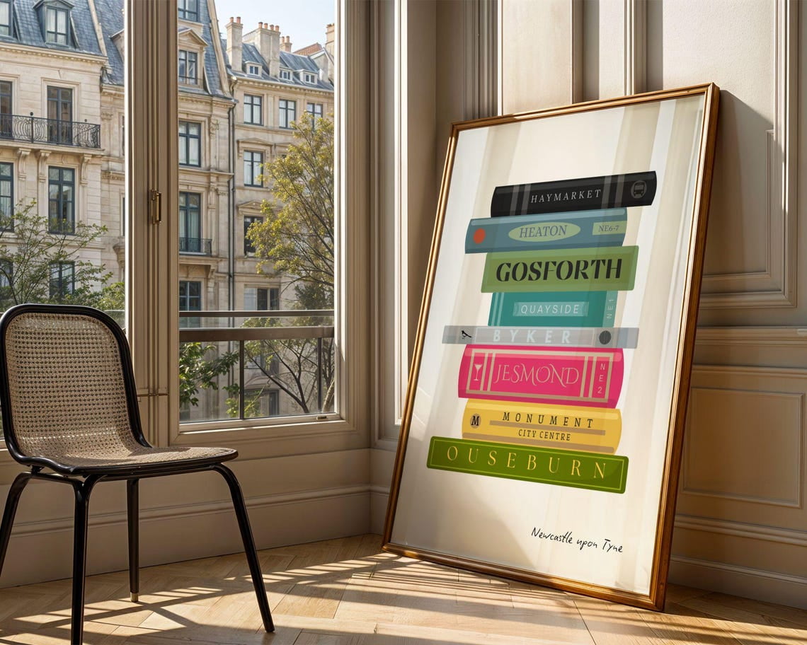 Newcastle Book Stack Wall Art Print, Iconic Geordie Areas Decor ...