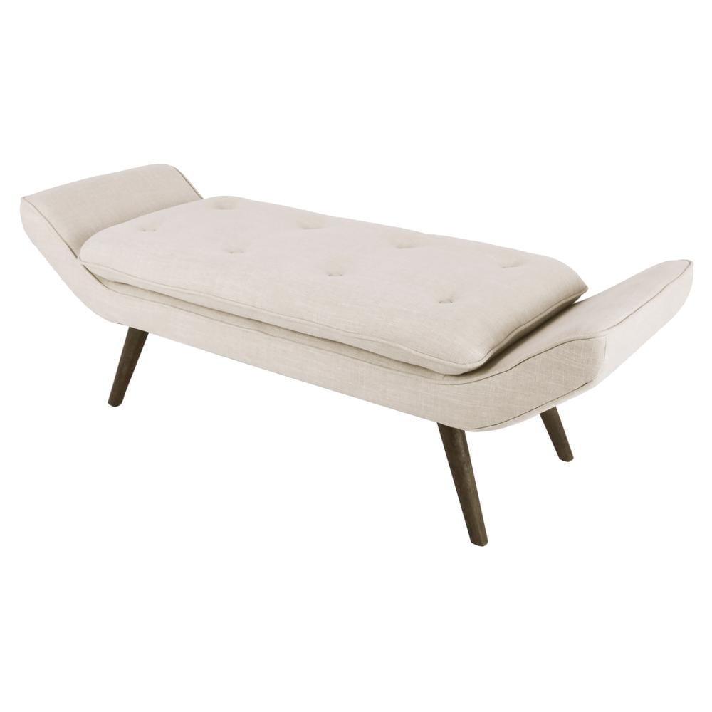 Flax Beige Mid-Century Modern Tufted Bench with Rubber Wood Legs