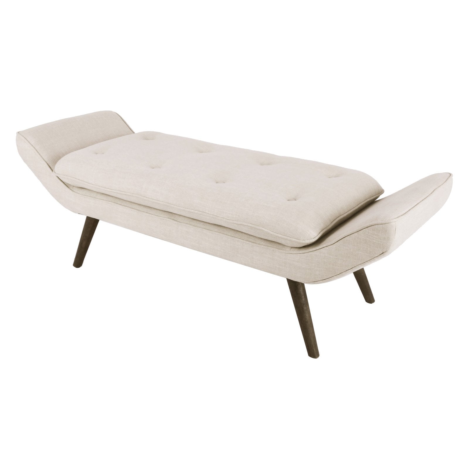 Flax Beige Mid-Century Modern Tufted Bench with Rubber Wood Legs