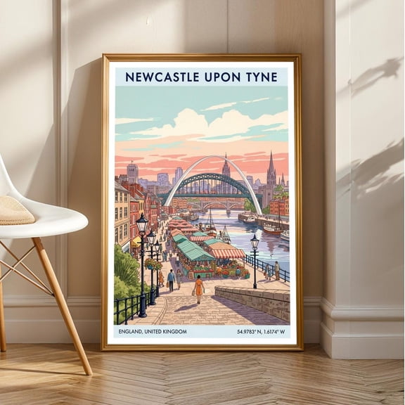 Newcastle Tyne Bridge Art Print: Colorful Uk Cityscape Illustration, Unframed Canvas Size 12x18