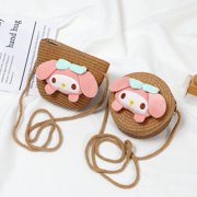 Newce Children‘s Small Bag Cartoon Doll Cute Straw Bag Woven Bag Summer Seaside Travel Crossbody Straw Small Round Bag