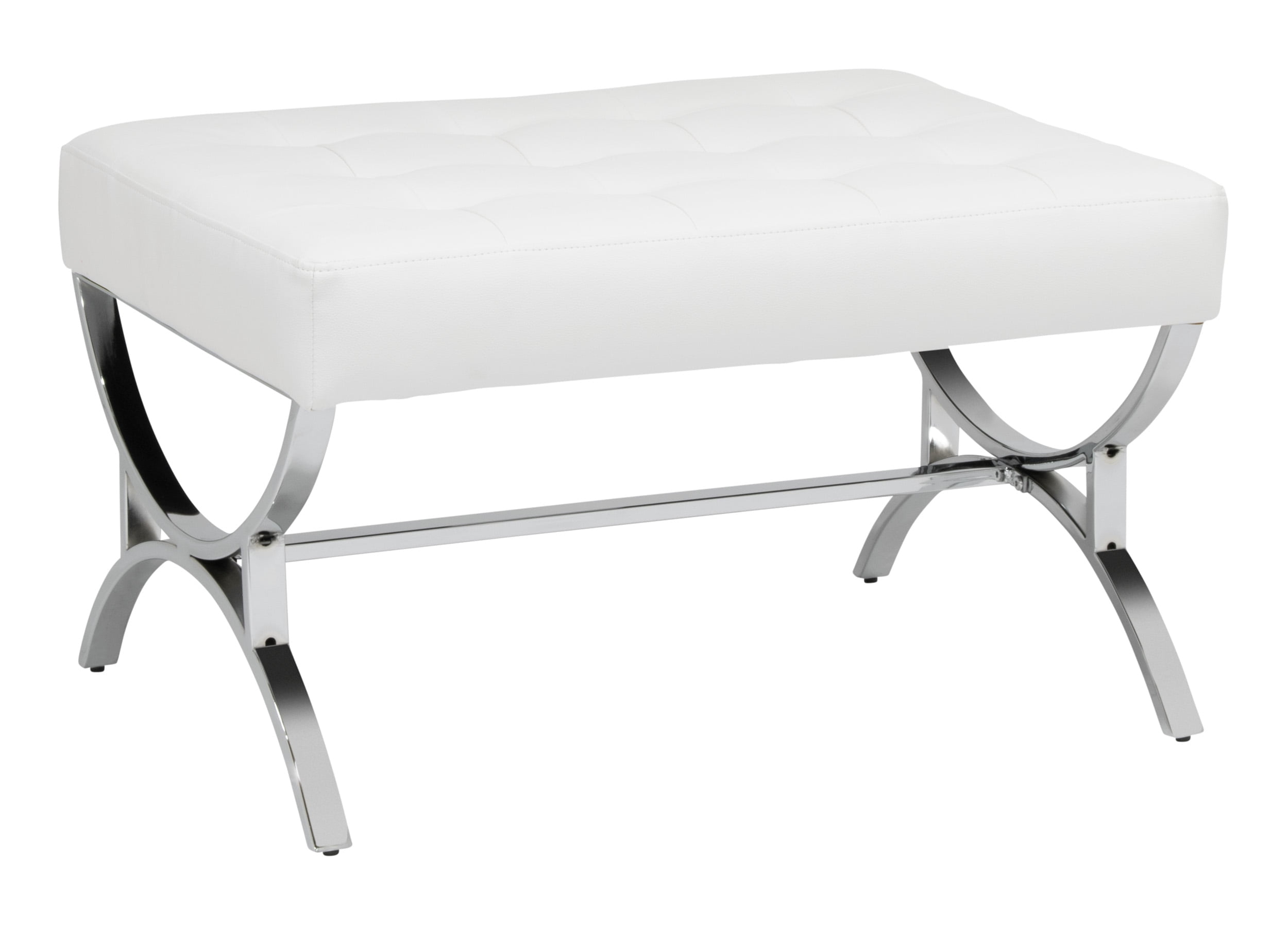 Studio Designs Home Newel Modern Square Ottoman Blended Leather and Chrome Metal Frame in Chrome and White