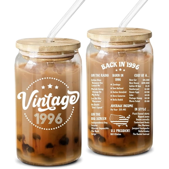 Neweleven 30th Birthday Gifts for Women Vintage 1996 16oz Glass Coffee Tumbler, Funny Birthday Christmas Gift for Mom, Wife, Sister, Friends