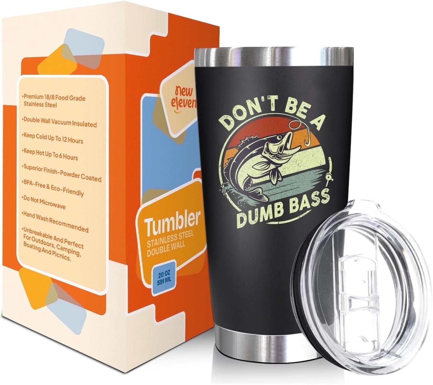 Neweleven Funny Fishing Tumbler 20oz  Gift for Fisherman Dad, Husband, or Grandpa  Dont Be a Dumb Bass Cup, Birthday Present for Men