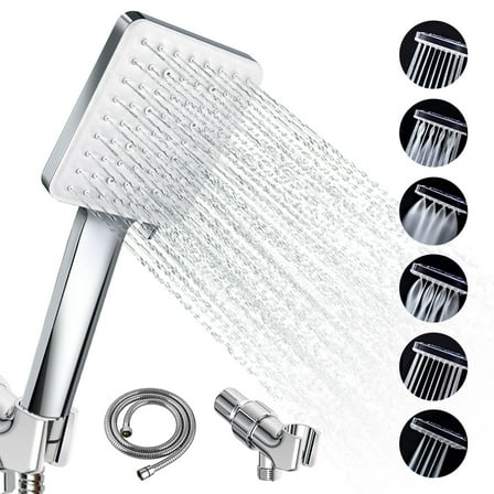 Newentor 6 Setting Handheld Shower Head, High Pressure Shower Head with 59" Hose and Bracket, Square Shower Head with Adjustable Shower Stand, Spray Nozzle Shower, Silver