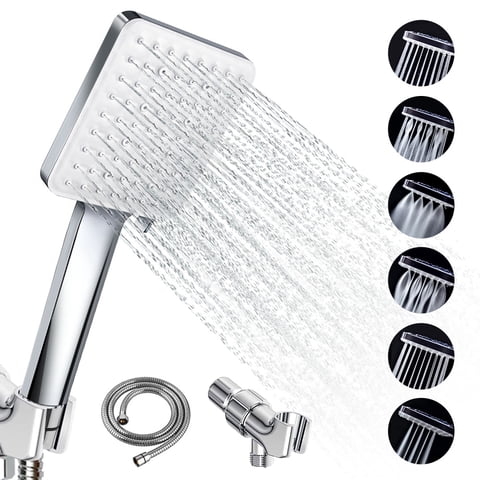 Newentor High Pressure Square Handheld Shower Head with 6 Spray Modes, One-Hand Thumb Control, Self-Cleaning Nozzles, 59" Stainless Steel Hose & Adjustable Bracket, All-in-One Shower Kit, Silver