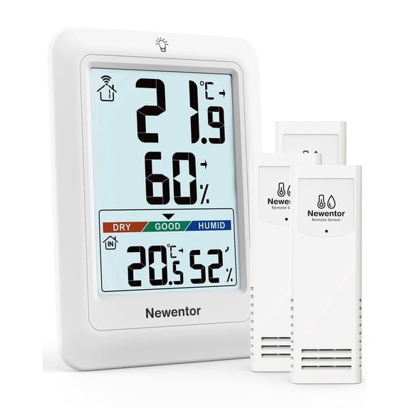Newentor Portable Indoor Outdoor Thermometer, Wireless Weather Station with 3 Remote Sensor, Temperature and Humidity Monitor, ℉/℃ Switchable, Air Comfort Indicator, White