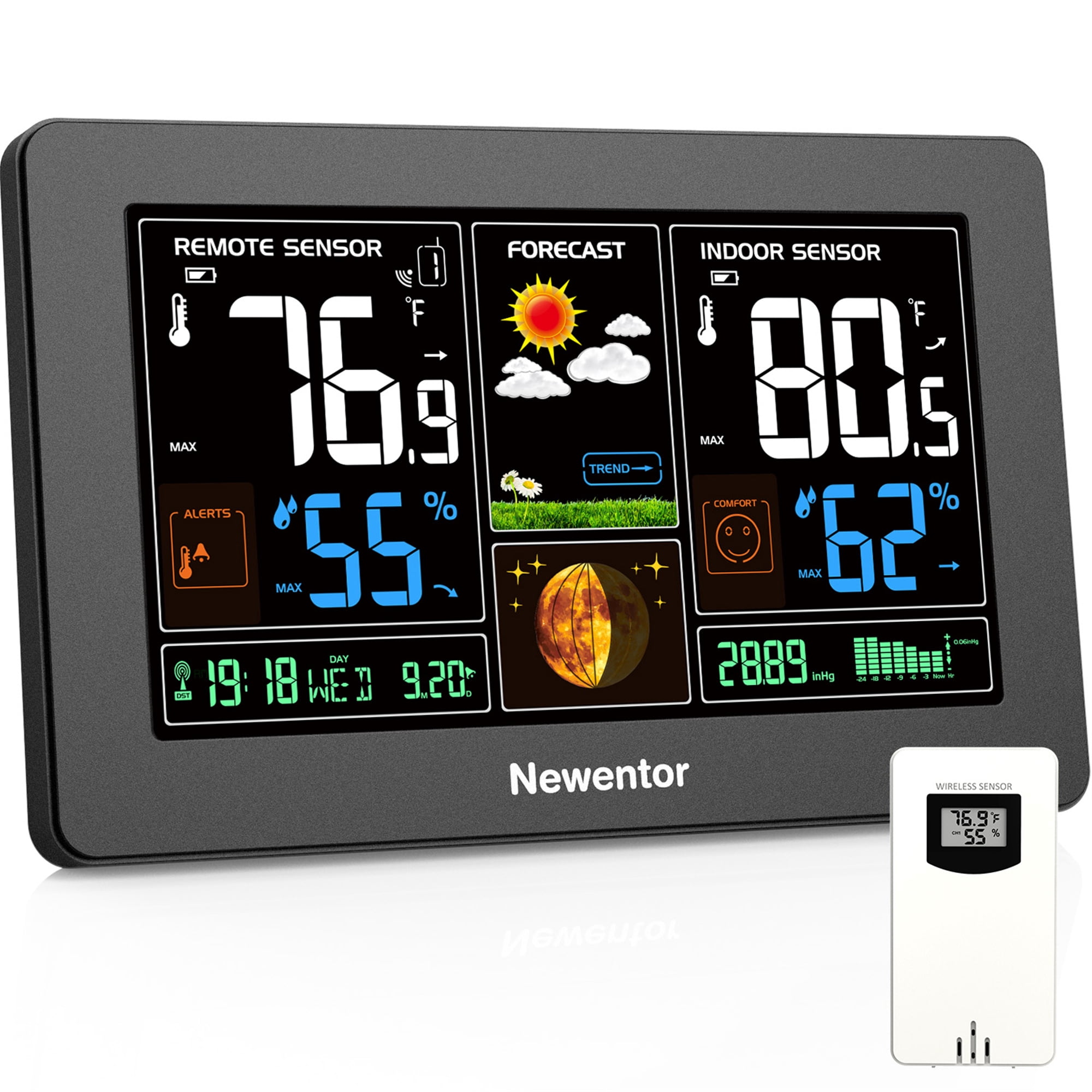 Newentor 7.5" Color Display Weather Station for Home with 1 Outdoor Sensor, Indoor Outdoor Thermometer with Humidity Monitor, WWVB, Alarm Clock, Moon Phase, Weather Forecast, Black
