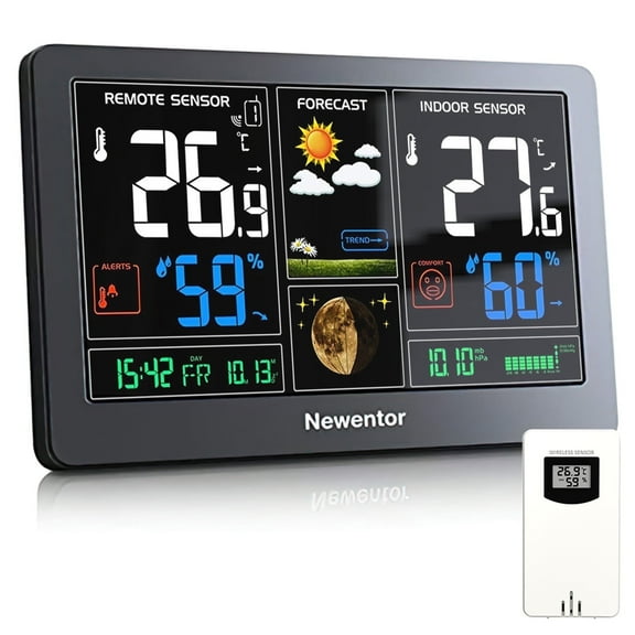 Newentor Q03 Weather Station for Home with 1 Outdoor Sensor, Indoor Outdoor Thermometer Wireless with Humidity Monitor, Alarm Clock, Moon Phase, Weather Forecast and Adjustbale Backlight, Black