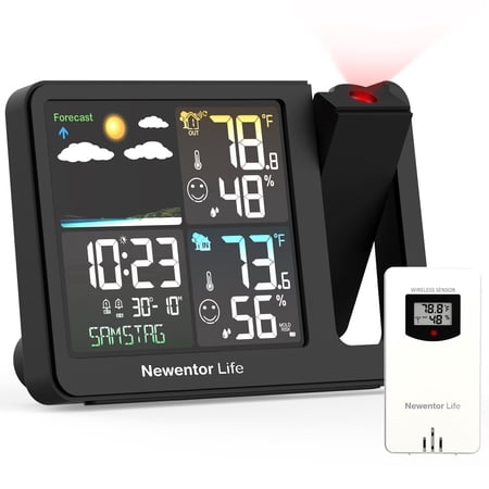 Newentor Projection Alarm Clock with Weather Station, Weather Station for Home with 1 Outdoor Sensor, Alarm Clock, Weather Forecast, Black