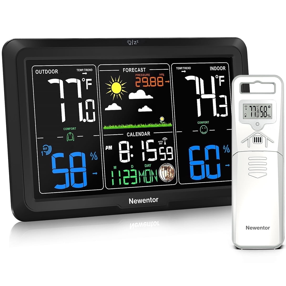 Newentor 7.5" VA Color Display Weather Station with 1 Sensor, Indoor Outdoor Thermometer with Humidity Gauge, Forecast, Barometric, Moon Phase, and Adjustable Backlight, Black