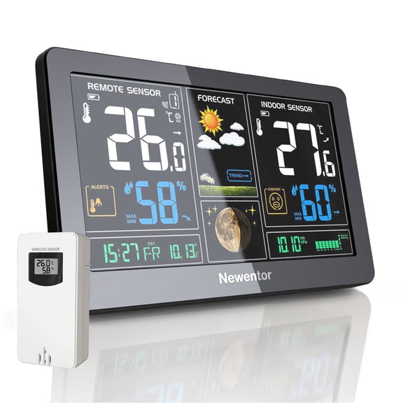Newentor Home Weather Station, Indoor Outdoor Thermometer with 1 Outdoor Sensor, Black