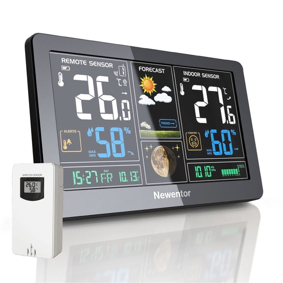 Newentor Home Weather Station, Indoor Outdoor Thermometer with 1 Outdoor Sensor, Black
