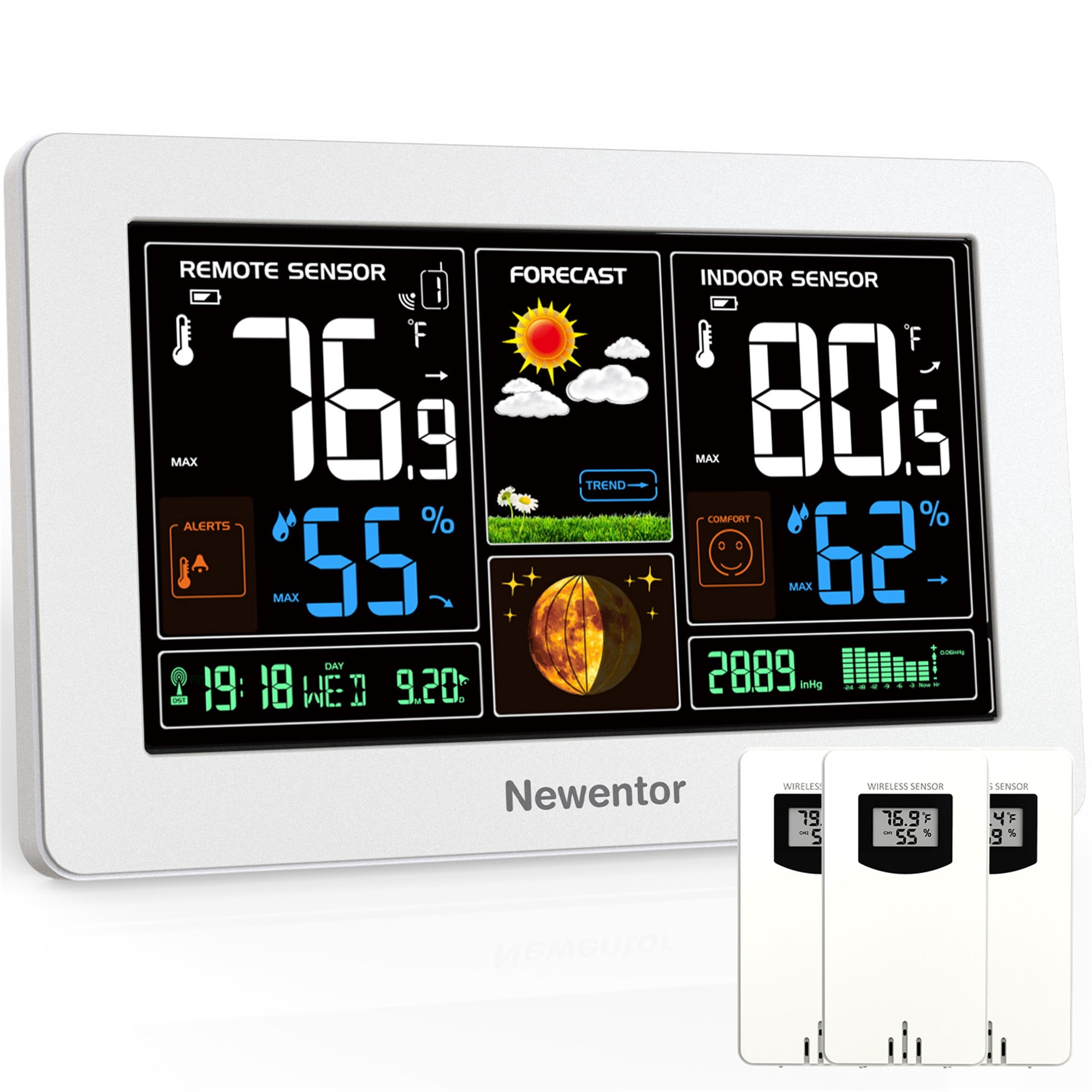 Newentor 7.5" Color Display Weather Station for Home with 3 Outdoor Sensor, Indoor Outdoor Thermometer with Humidity Monitor, WWVB, Alarm Clock, Moon Phase, Weather Forecast, White