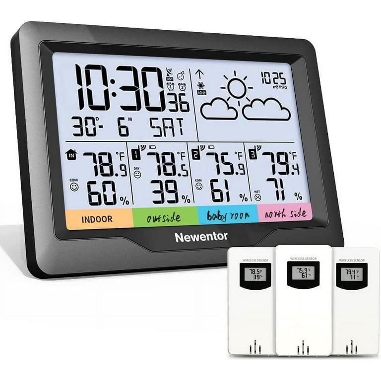 Newentor Weather Station Wireless Indoor Outdoor Multiple Sensors,  Thermometer with Atomic Weather Clock, Temperature and Humidity Monitor,  Barometer with Weather Forecast for Home (Battery Powered) 