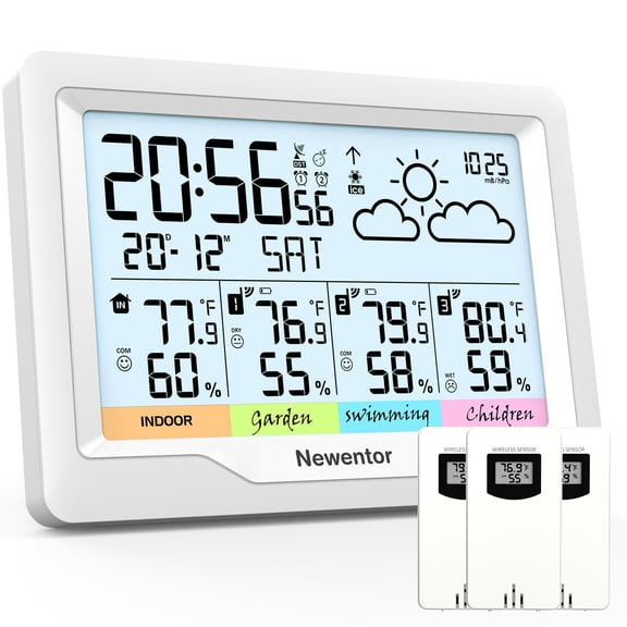 Newentor 6" Digital Display Weather Station for Home with 3 Outdoor Sensors, Indoor Outdoor Thermometer, White