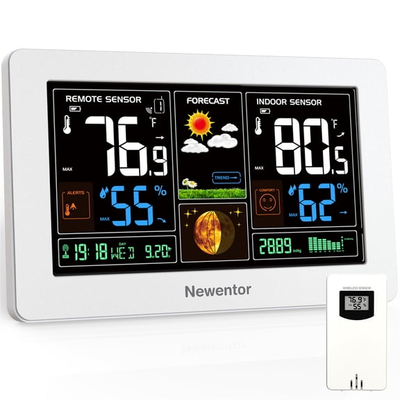 Newentor 7.5" Color Display Weather Station for Home with 1 Outdoor Sensor, Indoor Outdoor Thermometer with Humidity Monitor, WWVB, Alarm Clock, Moon Phase, Weather Forecast, White