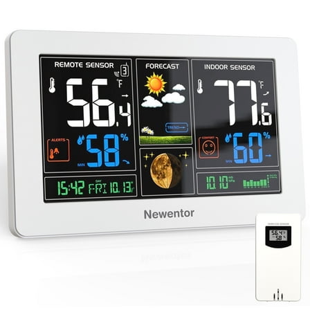 Newentor 7.5" Large Color Display Weather Station for Home with 1 Outdoor Sensor, Wireless Indoor Outdoor Thermometer with Humidity Monitor, Atomic Clock, Weather Forecast, Barometer, White