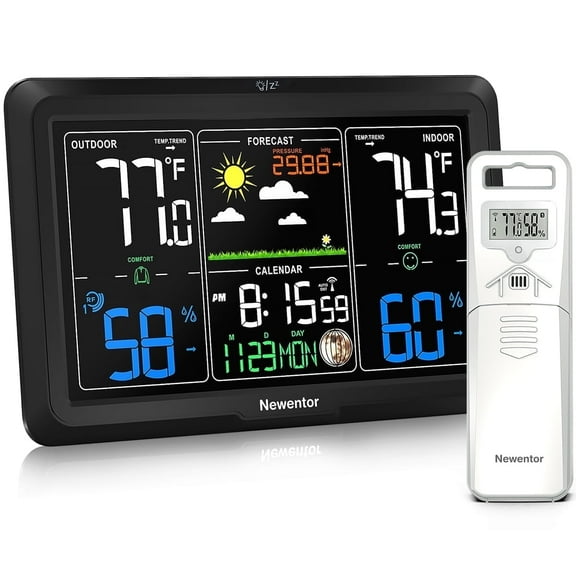 Newentor VA Color Display Digital Weather Station with 1 Sensor, Indoor Outdoor Thermometer with Humidity Monitor, Weather Forecast, Barometric, Moon Phase, and Adjustable Backlight, Black