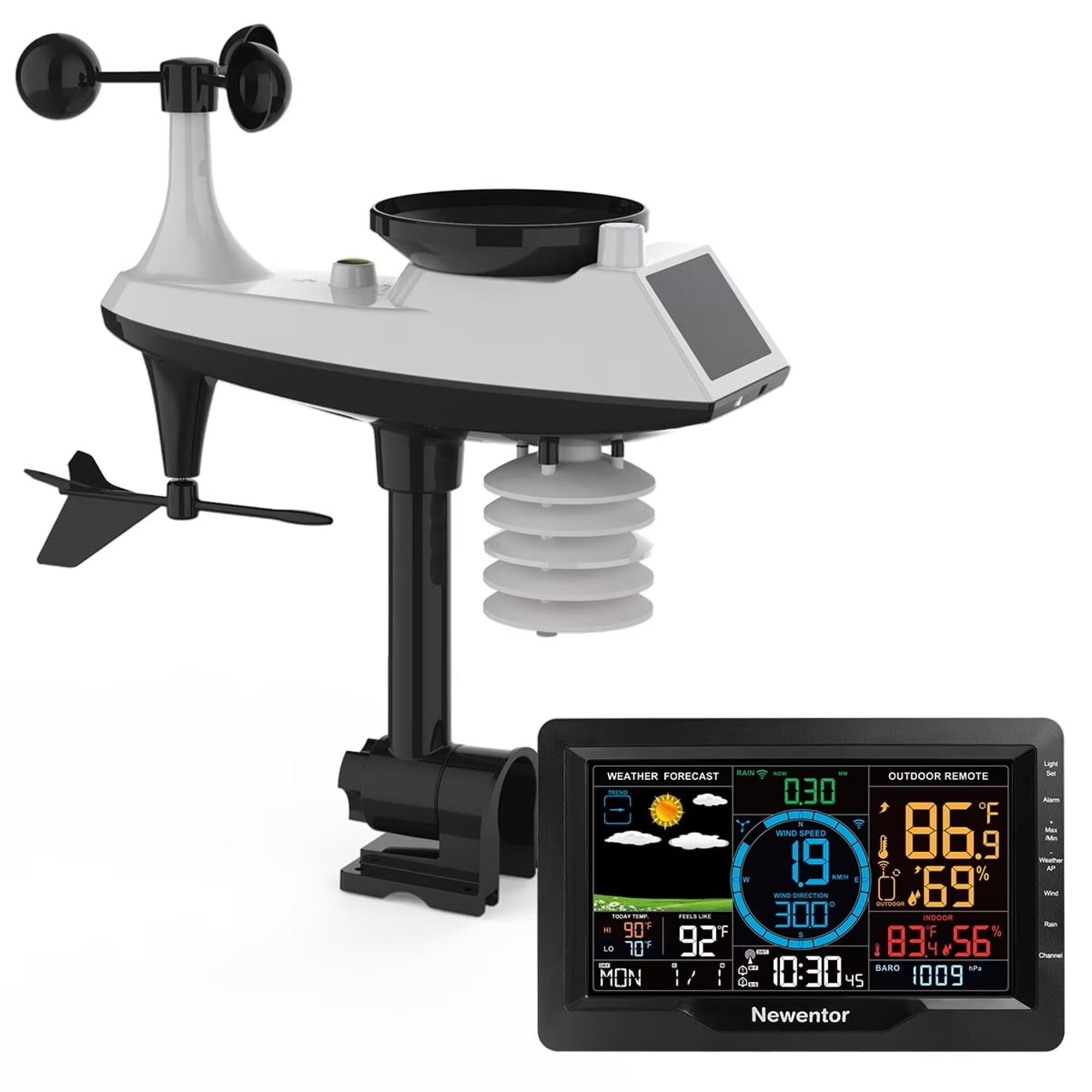Newentor Weather Station with Solar Powered Outdoor Sensor, 6-in-1 Weather Station with Color Display for Temperature Humidity, Rain Gauge, Wind Speed, Weather Forecast (No Wifi)