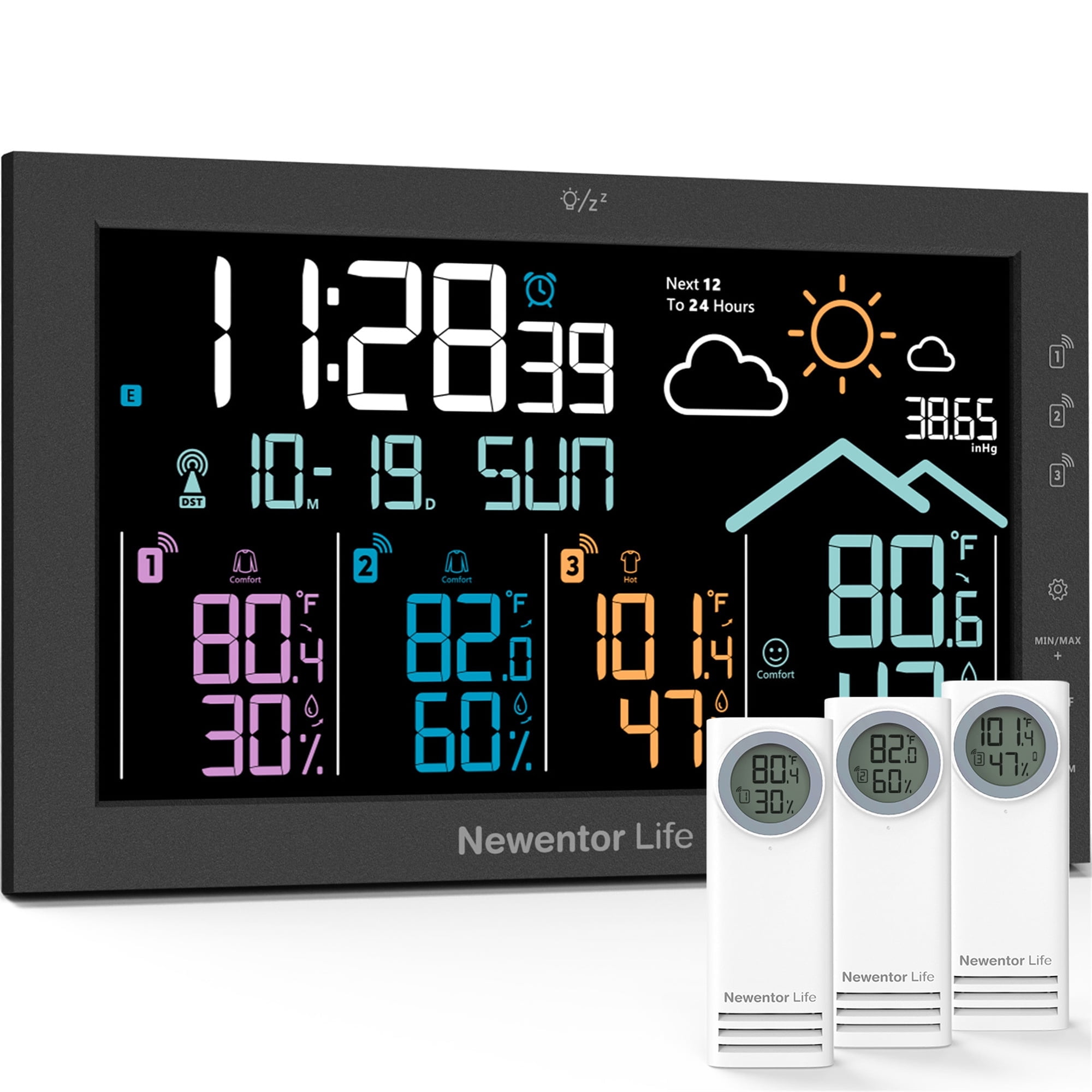 Newentor 7.5" Large Screen Weather Station with 3 Sensors, Color Display Digital Wireless Weather Thermometer, Indoor & Outdoor Humidity Thermometer, Weather Forecast, Black