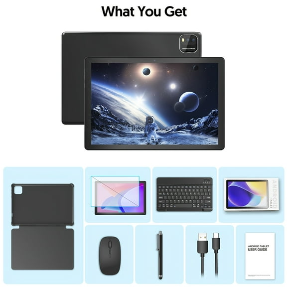Newest 10" Android 14 2-in-1 Tablet - 6GB RAM 64GB ROM (1TB Expandable), Quad-Core, 2.4G/5G/WiFi 6, 2+8MP Camera, 6000mAh, Keyboard/Case/Mouse/Stylus, 1280×800 FHD IPS, BT, GMS, Games Ready