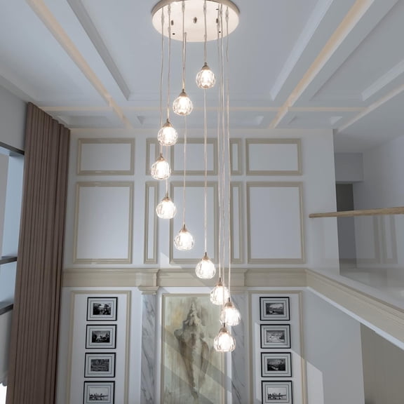 Newest 10-Light Crystal Staircase Chandelier, Modern 67" Long Raindrop Pendant Lighting for Entryway & High Ceilings, Nickel, G9