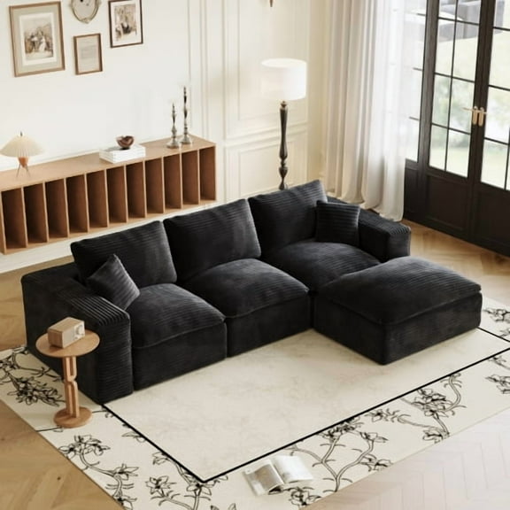 Newest 108" Modular Cloud Sectional Sofa in Black - L-Shape Chaise with Deep Seat for Large Living Room & Family Entertainment​