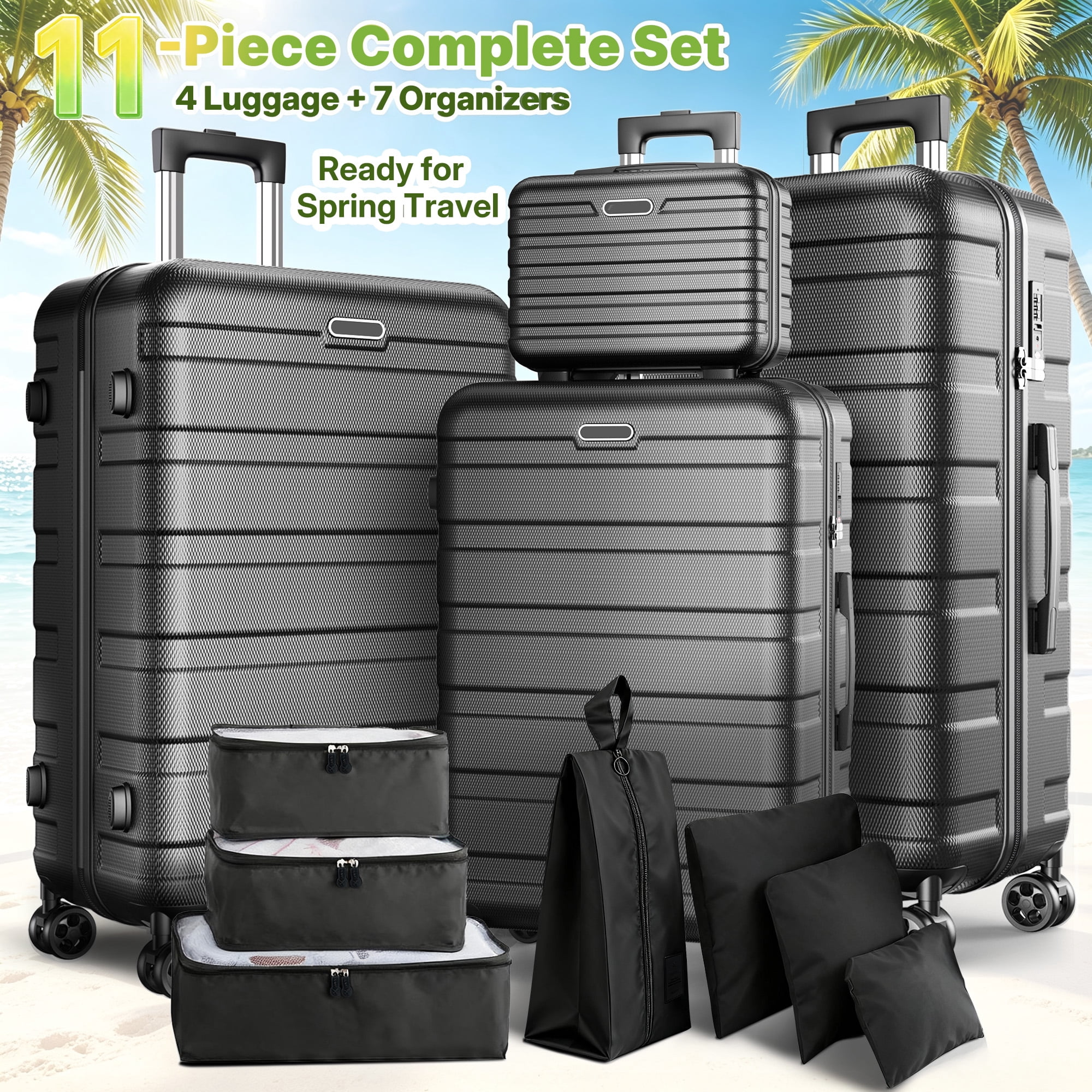 11-Piece Hardshell Luggage Set, 28/24/20 Spinner Suitcase, Carry-on, Toiletry Bag & Packing Cubes, Durable Travel Set with 360° Wheels & Lock
