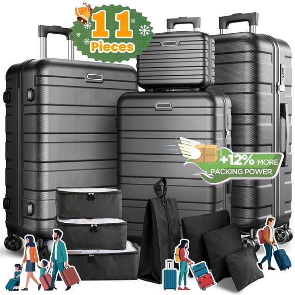 Newest Extended Storage 11-Piece Luggage Set, 28" & 24" Spinner Suitcases with 20" Carry-On Bag, 14" Toiletry Case & Packing Cubes, Durable Travel Suitcase Set with 360 Wheels & Combination Lock