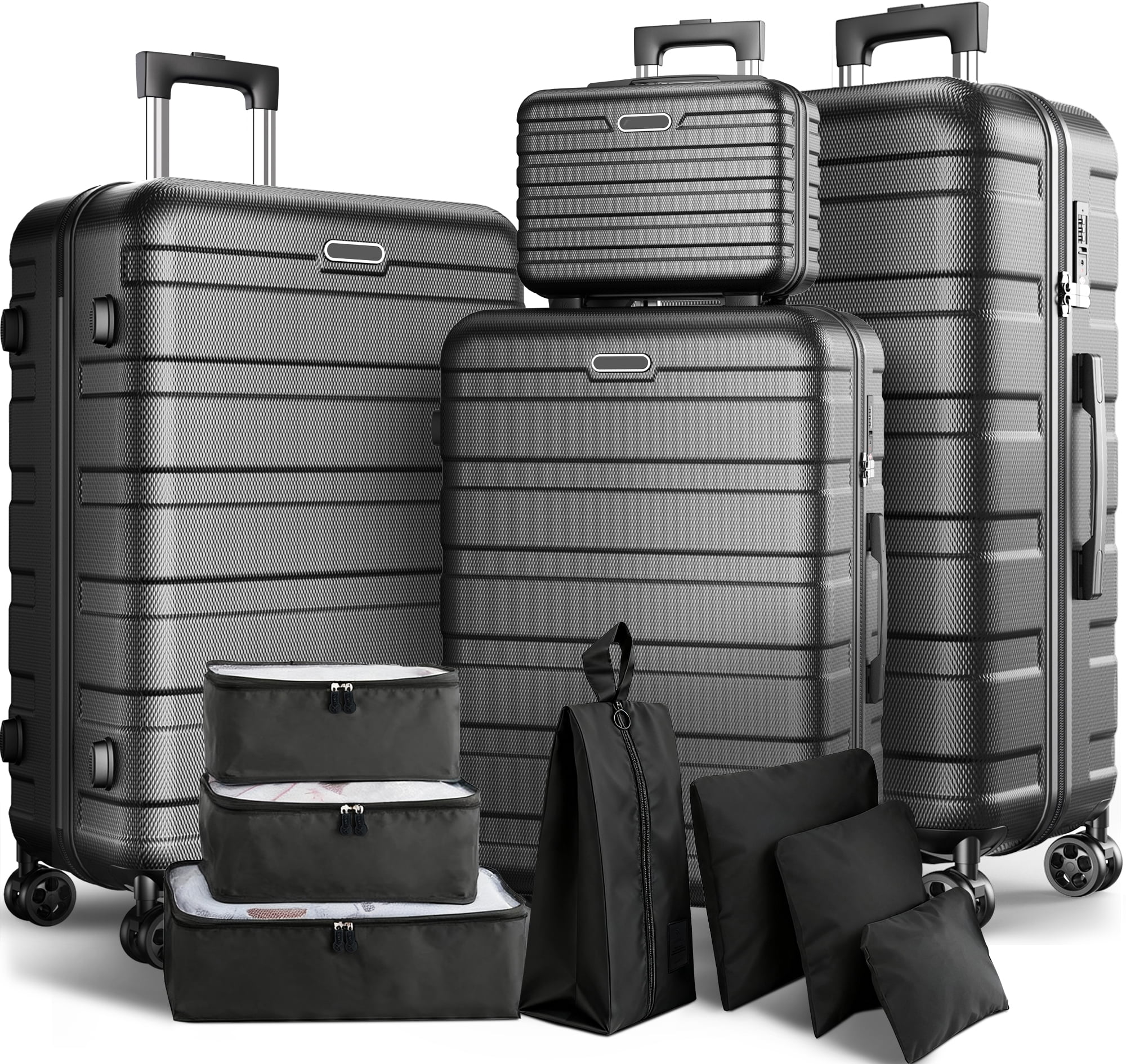 Newest Extended Storage 11-Piece Luggage Set, 28" & 24" Spinner Suitcases with 20" Carry-On Bag, 14" Toiletry Case & Packing Cubes, Durable Travel Suitcase Set with 360° Wheels & Combination Lock