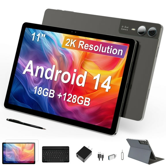 Newest 11 inch Android 14 Tablet, 18GB RAM, 128GB ROM, 1TB Expand, 2K Display, Octa-Core 5G/2.4G WiFi, 13MP+5MP+5MP Camera, BT 5.0, GPS, 9000mAh, Quad Stereo Speakers