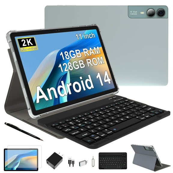 Newest 11 inch Android 14 Tablet, 18GB RAM, 128GB ROM, 1TB Expand, 2K Display, Octa-Core 5G/2.4G WiFi, 13MP+5MP+5MP Camera, BT 5.0, GPS, 9000mAh, Quad Stereo Speakers