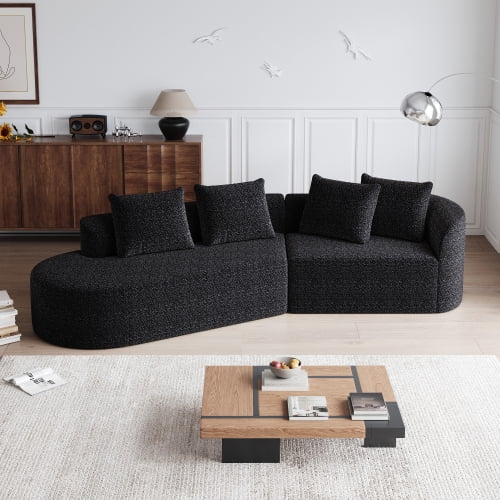 Newest 112" Oversized Curved Cloud Chenille Sectional Sofa with 4 Pillows and No Assembly,Black