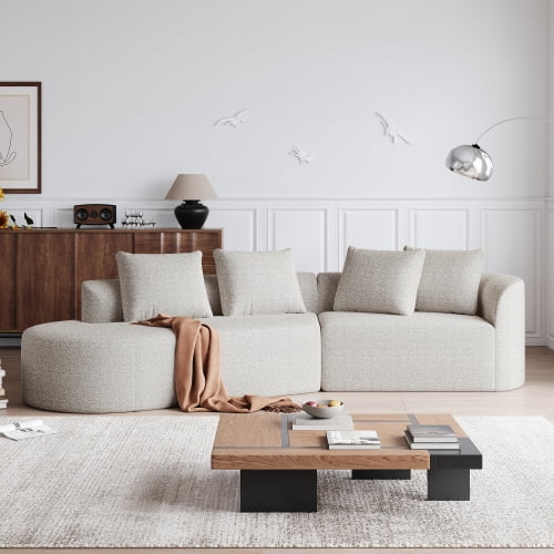 Newest 112" Oversized Curved Cloud Chenille Sectional Sofa with 4 Pillows and No Assembly, Khaki