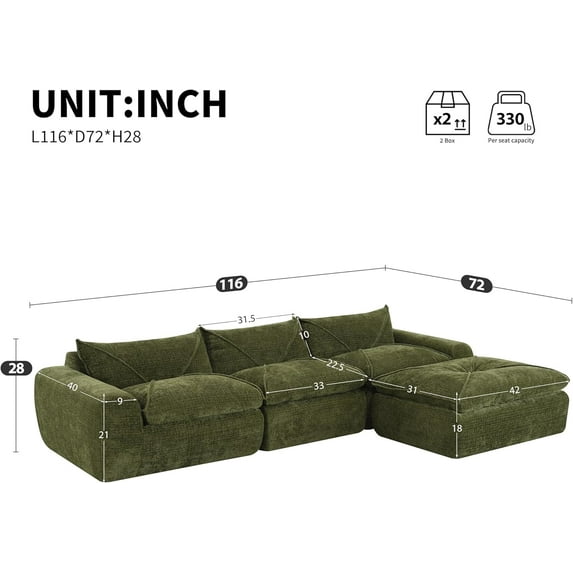 Newest 116'' Fully Compressed Sofa with High Density Foam, No Assembly Required, Legless Design without Frame, Integrated Backrest and Seat Cushion, Free Combination, Particle Chenille