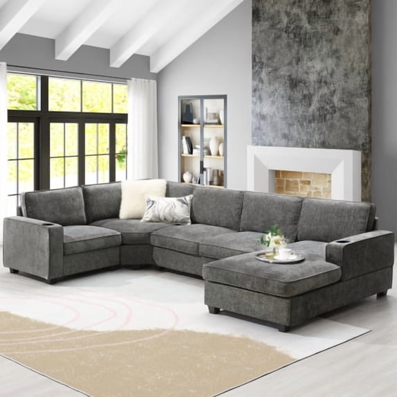 Newest 117.5" U-Shaped Chenille Sectional Sofa, Gray 6-Seat Corner Couch with Cup Holders & Oversized Chaise for Living Room