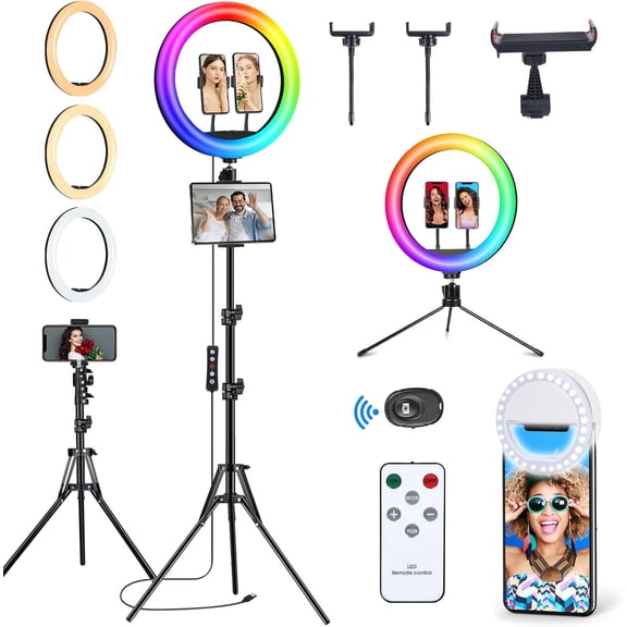Newest 13" Selfie Ring Light with 63" Stand and 3 Phone Holder, 53 Lighting Modes, iPad Holder, Remote, Desk Tripod, RGB Ringlight for . Circle Led Halo Light Photo Video Kit