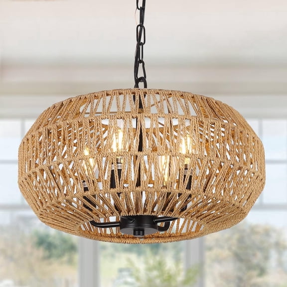 Newest 16” Boho 4-Light Rattan Pendant Light, Hand-Woven Basket Chandelier, Height Adjustable
