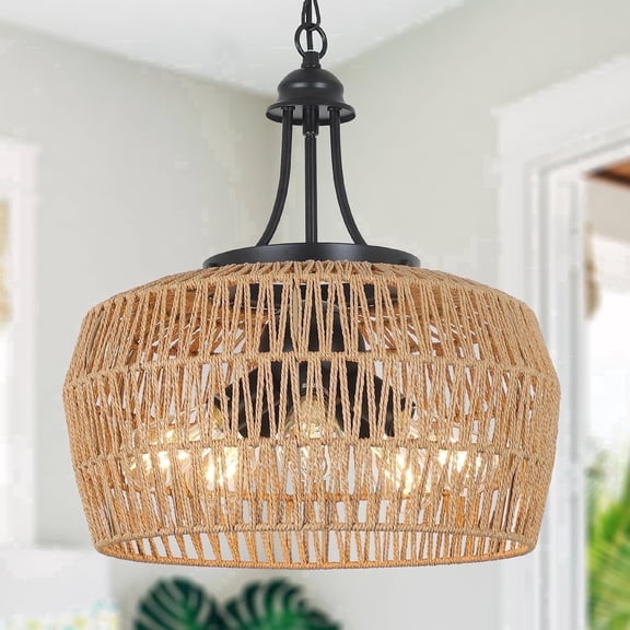 Newest 18" Coastal Rattan Chandelier, 5-Light Boho Farmhouse Pendant with Wicker Shade for Dining Room & Kitchen, E26