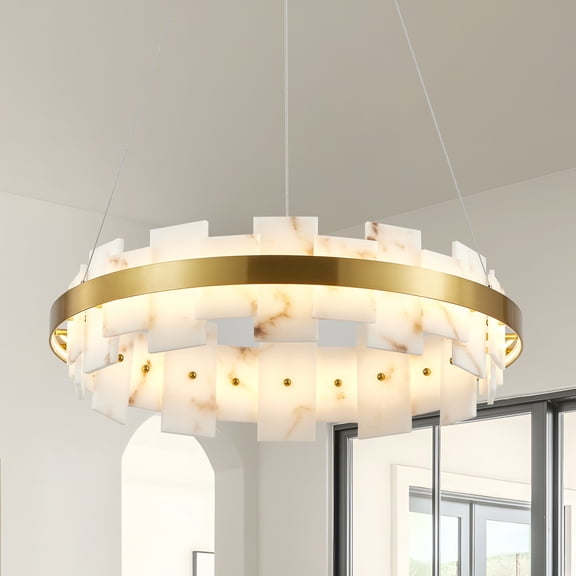 Newest 19.7" Alabaster Ceiling Light with Adjustable Height, Semi-Flush Mount Fixture for Over Table and Bedroom, Gold