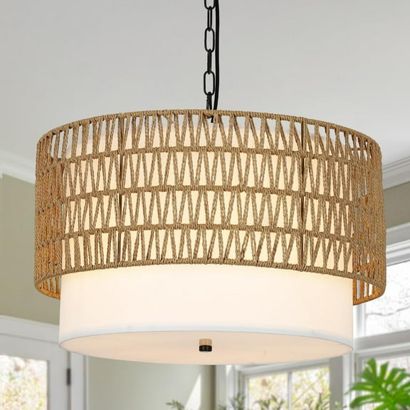 Newest 19” Boho 5-Light Rattan Chandelier with Fabric Shade, Height Adjustable Pendant Light