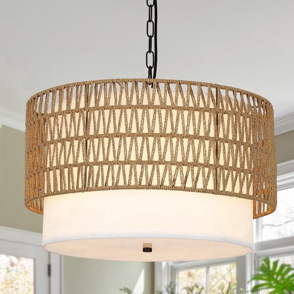Newest 19” Boho 5-Light Rattan Chandelier with Fabric Shade, Height Adjustable Pendant Light