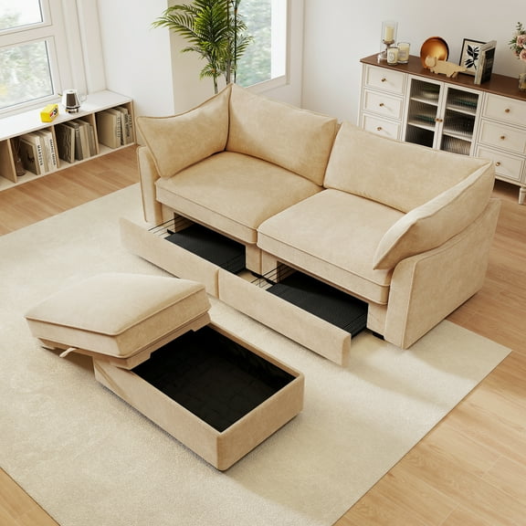 Newest 2-seater sofa,footstool – a 2-seater sofa accompanied by 1 movable storage footstool, crescent-shaped armrests,,wraparound back,arm cushions, chenille fabric, wheat colour.