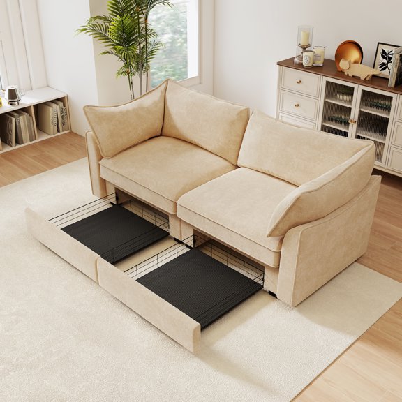 Newest 2-seater sofa ,pull-out storage drawers under each seat wraparound back,arm cushions featuring crescent-shaped armrests chenille wheat colour