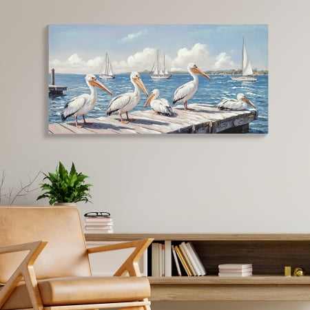Newest 22"x44" Large Hand-Painted Coastal Seagull Canvas Wall Art, Blue Ocean Seascape with 3D Wooden Sailboat for Living Room