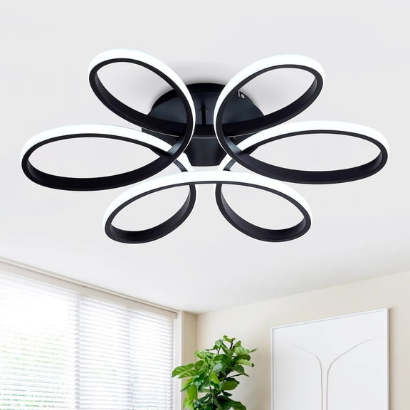 Newest 23 Inch Black 6-Ring Flower LED Flush Mount Ceiling Light, Remote Controlled Dimmable 42W Ceiling Lamp for Living Room Bedroom Kitchen Hallway