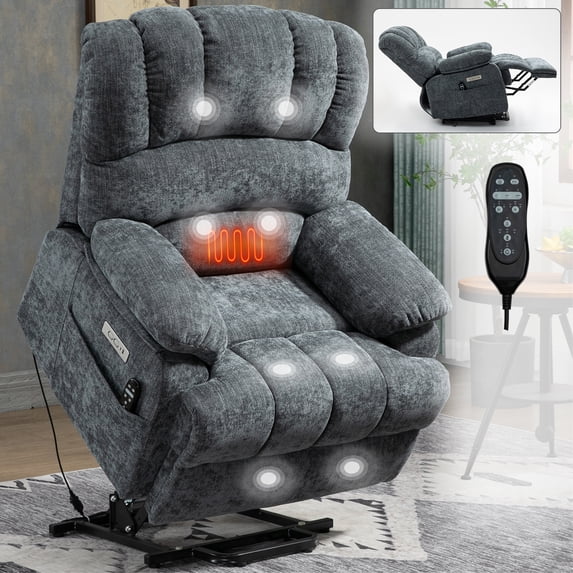 Newest 23" Seat Width , High Back Large Size Blue Grey Chenille Power Lift Recliner Chair with 8-Point Vibration Massage , Lumbar Heating
