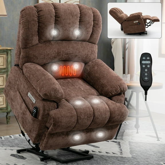 Newest 23" Seat Width , High Back Large Size Chenille Power Lift Recliner Chair with 8-Point Vibration Massage , Lumbar Heating, Brown