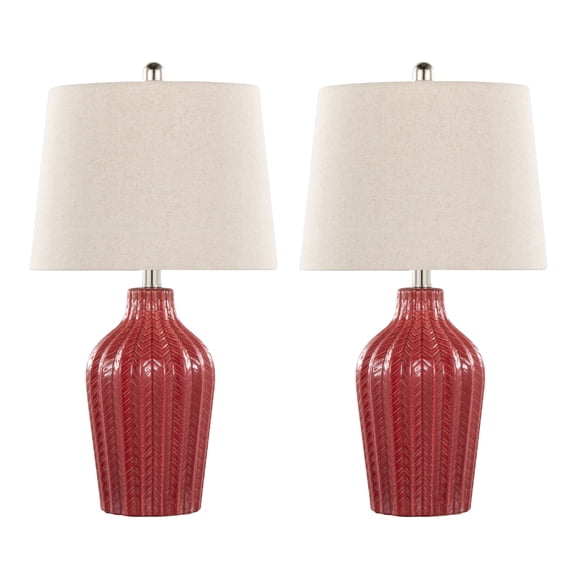 Newest 24" Contemporary 2-Piece Ceramic Table Lamp Set, Brick Red Chevron with Polished Nickel & Natural Linen Shade